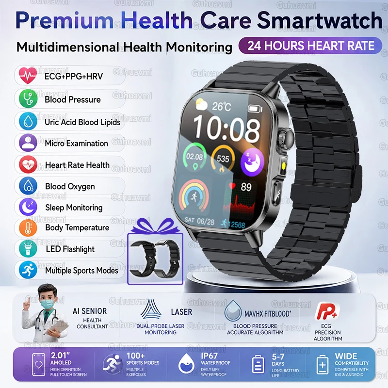 2026 Neue EKG+PPG Smartwatch für Gesundheitsdiagnose, Überwachung, Körperanalyse, Blutdruck, Lipide, Harnsäure – Gesundheits-Smartwatches für Herren