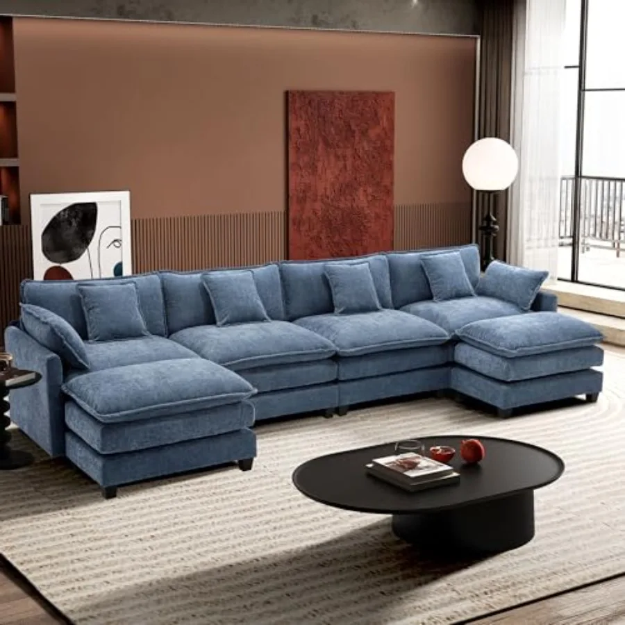 

Современный модульный диван-секционный гарнитур U-образной формы 146 Cloud Couch с 2 пуфами, 6-местный, из шенилла, с глубокими сиденьями, для гостиной и спальни