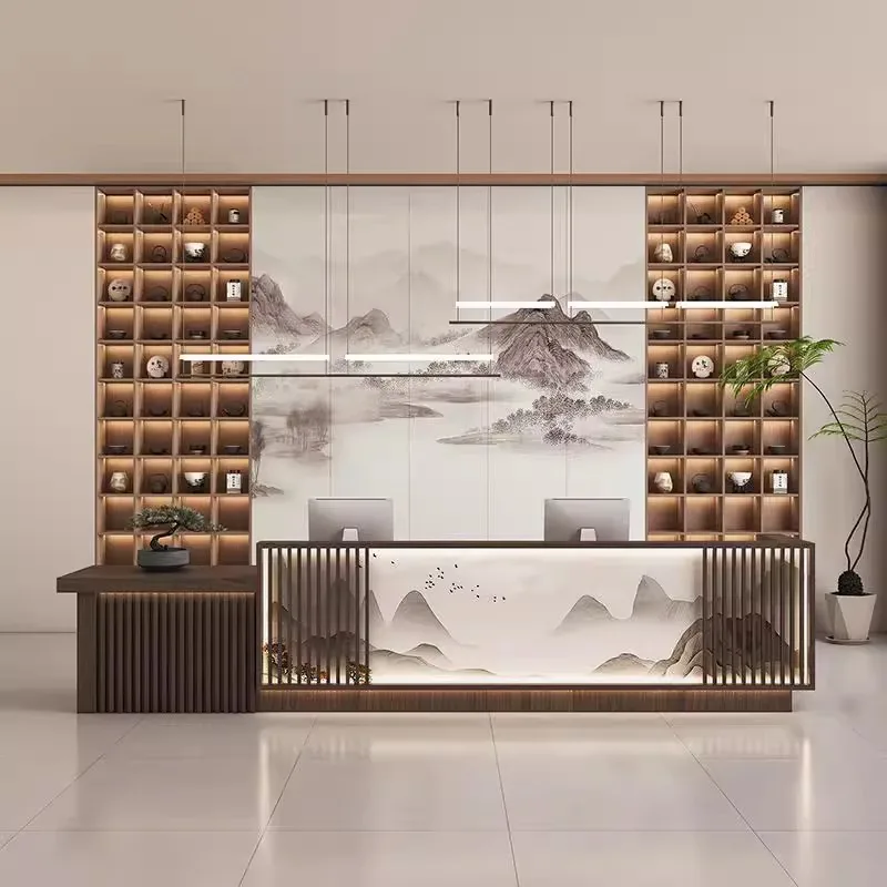 

Новый китайский чайный домик, чайный домик, бар, касса, ретро, проживание в семье, чайный домик, ресторан, отель, Великобритания, стойка регистрации из цельного дерева