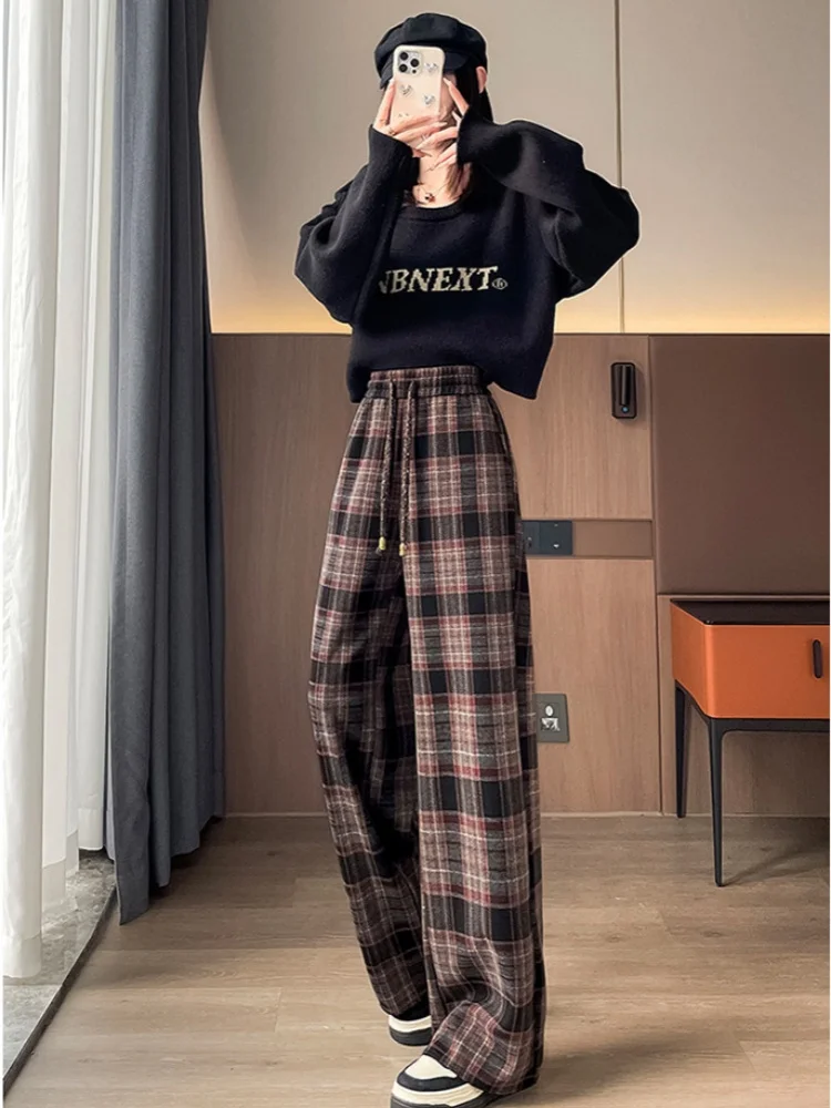 

Autumn Winter Fleece-Lined Vintage Tweed Trousers Checkered Wide-Leg Trousers High-Waisted Straight-Leg Casual Women's Soft