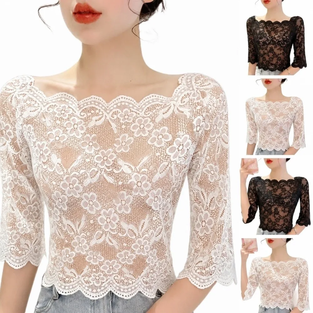 New One-word Collar Women Cropped Tops See-through Embroidery Half Sleeve Blouse Lace Pullover Tops Ladies