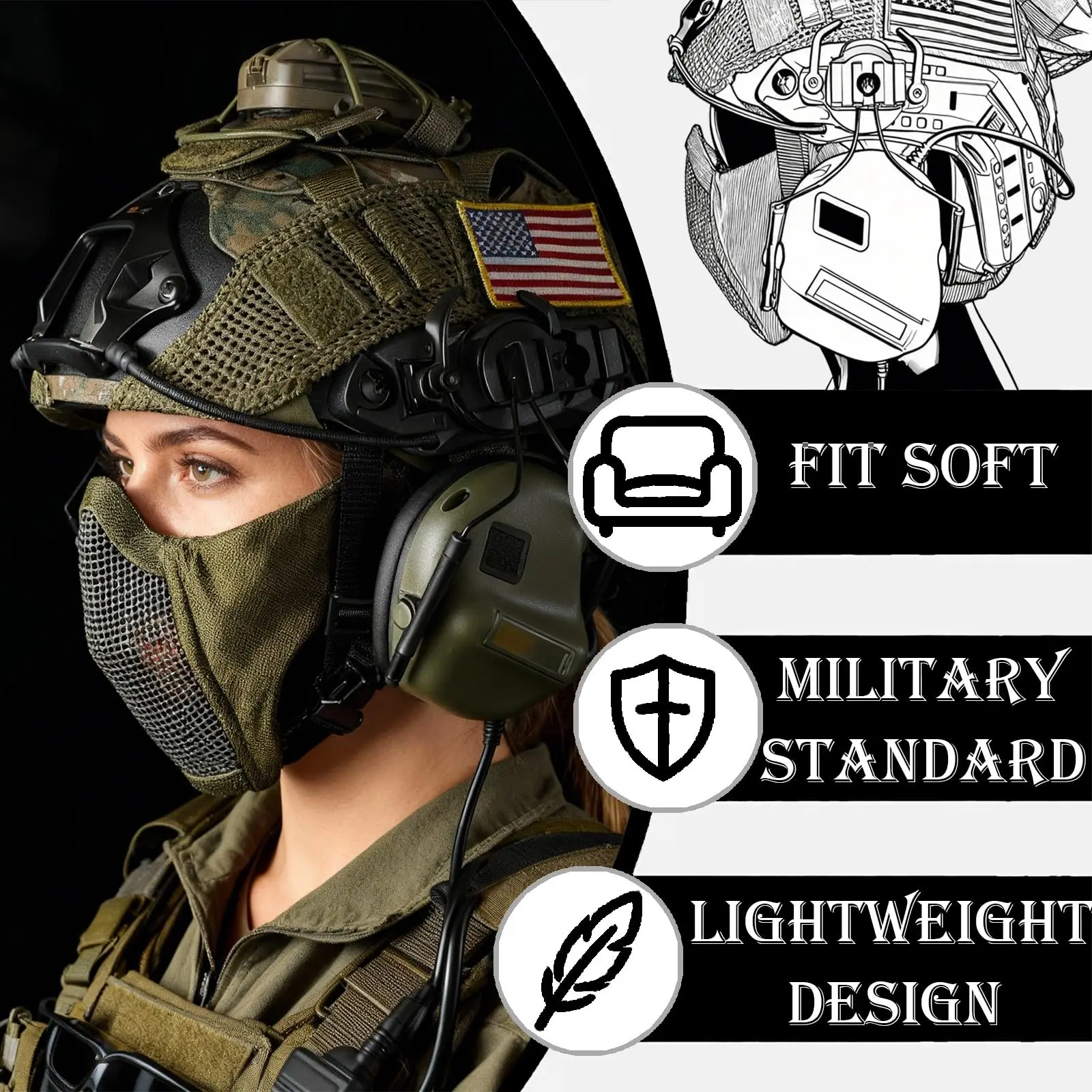 

Tactical Airsoft Helmet Set FAST Camouflage Bump Gear with Half Face Steel Mesh Mask Headphones Signal Lights for CS Paintball