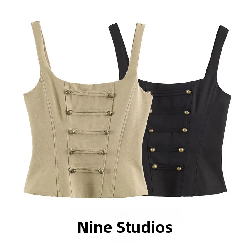 Chaleco Corto Ajustado sin Mangas para Mujer NINE ZAR, con Cuello Alto, Botones Decorativos con Nudo de Cuerda, Corte en H, P...