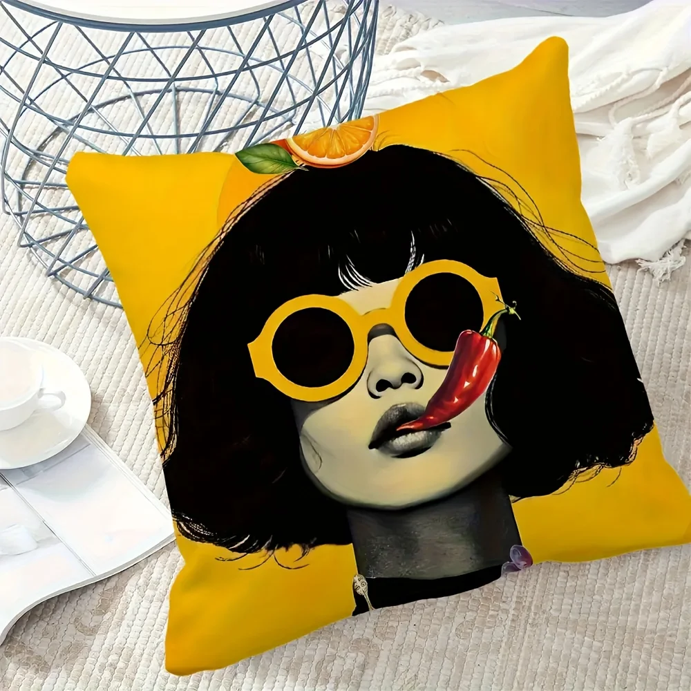 1pc Retro Chili Girl Print Throw Pillow Cover,Suitable for Sofa,Bedroom,Living Room,A Stylish Gift for Fashion Lovers
