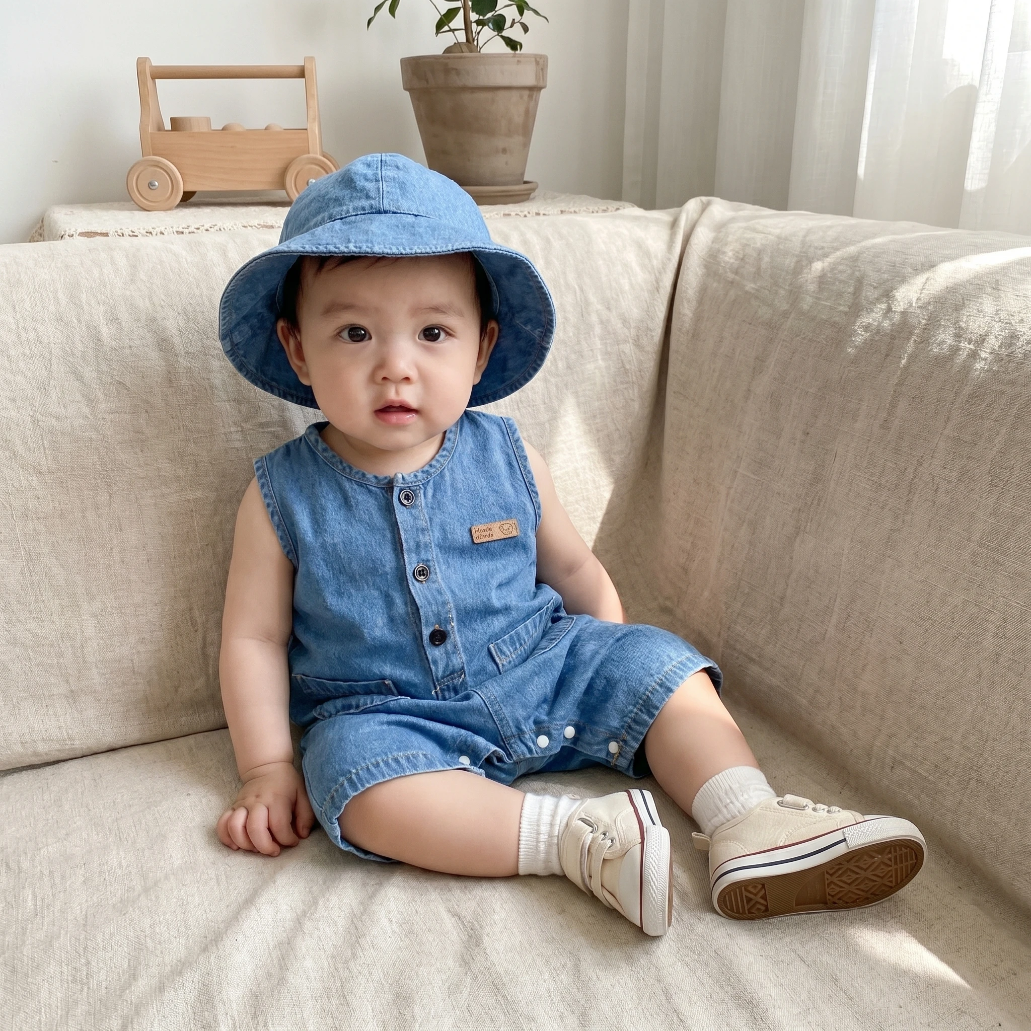 3-24M Summer Baby Denim Bodysuit Blue Sleeveless One Piece Clothes With Bucket Hat for Boys Girls Soft Casual Infant Outfit