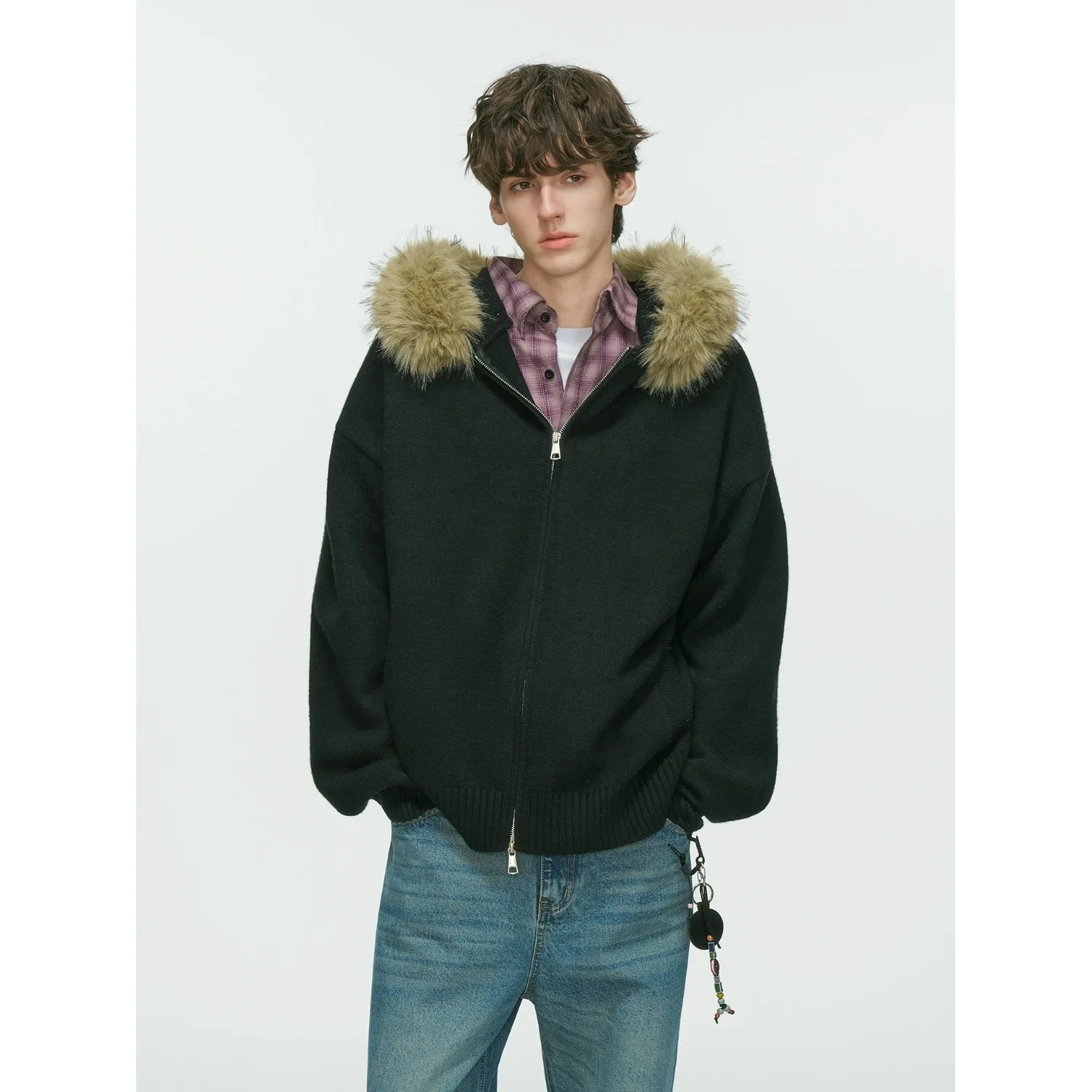 

New Men's Winter Thickened Warm Detachable Fur Collar Knitted Open Cardigan Loose Versatile Lazy Couple Sweater Coat Long Sleeve