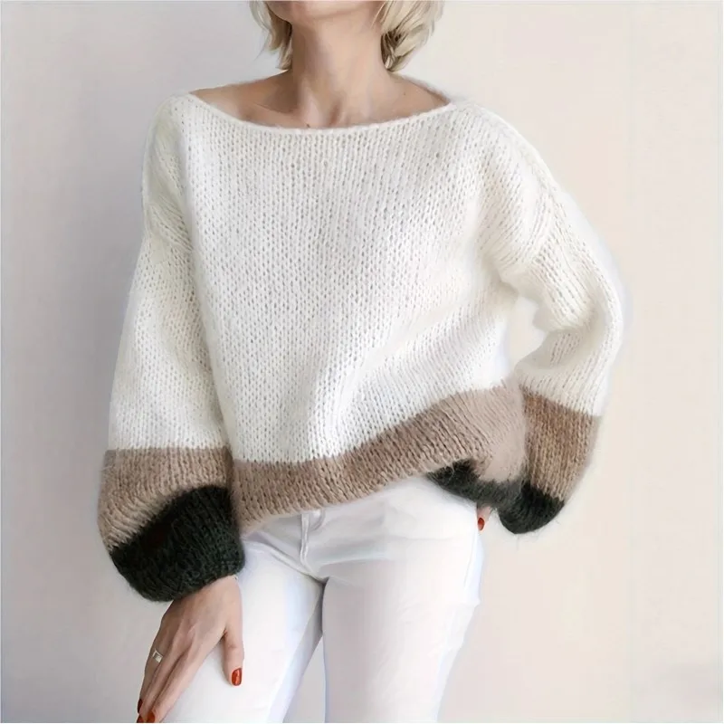 Elegant Sweater Women 2025 Autumn Casual Fashion Loose Boat Neck Long Sleeve Women Pullovers Chic Color Blocking Jumper Tops