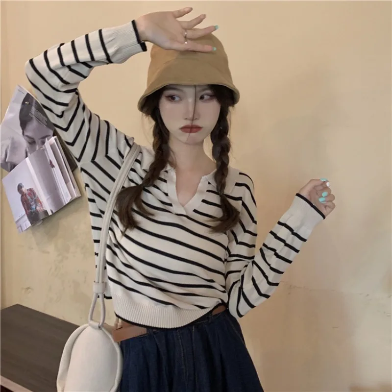 T-shirt da donna per il tempo libero allentate vintage estate nuova moda a righe elegante tutto-fiammifero femminile accogliente colletto rovesciato stile coreano chic