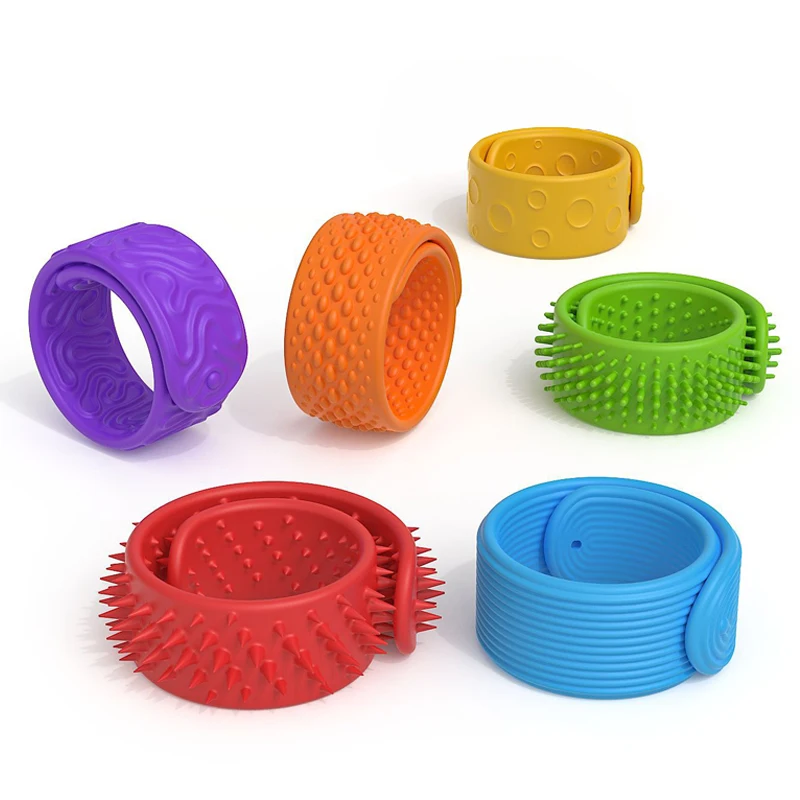 6개입 감각 장난감 어린이용 텍스처드 실리콘 슬랩 팔찌 불안 자폐증 ADHD 진정 스트레스 해소 선물