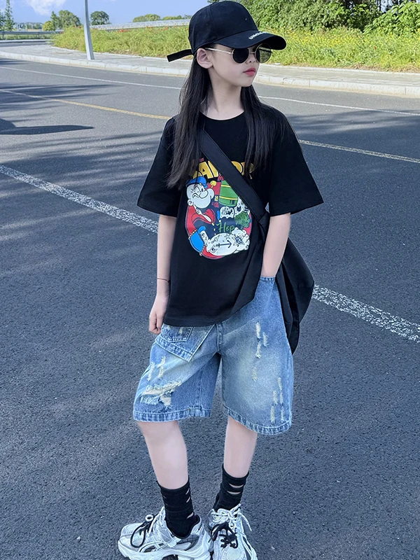 女の子用サマーカジュアルルーズ半袖tシャツとデニム7点セット、6歳から2歳向けのおしゃれで多用途なアイテム