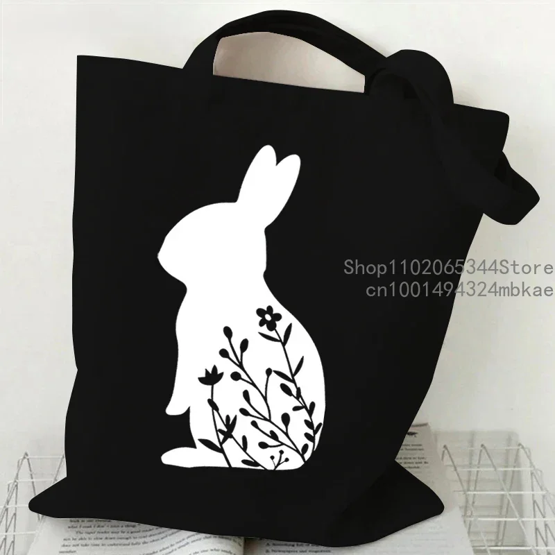 Cute Rabbit Pattern Canvas Tote Bag Women Men Cartoon Bunny Portable Shopping Bag Fashion Large Capacity Teen Daily Handbags