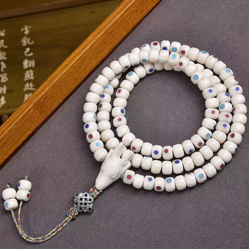 Reflow Bone Old Inlaid Multi-Treasure 108 Buddha Beads Necklace Three-Seven Silver Accessories