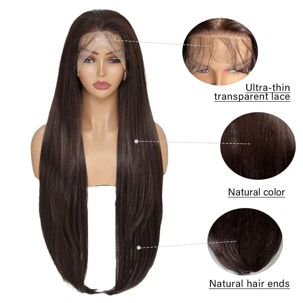 X-TRESS Brown Lace Frontal Synthetic Wigs for Black Women 32 Inch Pre Plucked Long Straight 13x4 Lace Frontal Wig with Baby Hair