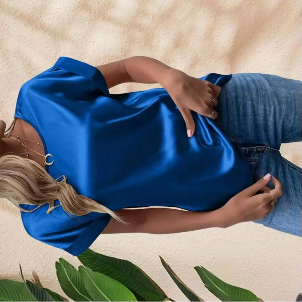 

2026 O-Neck Short Sleeve Loose Fit Women T-shirt Solid Color Smooth Satin Tops Streetwear