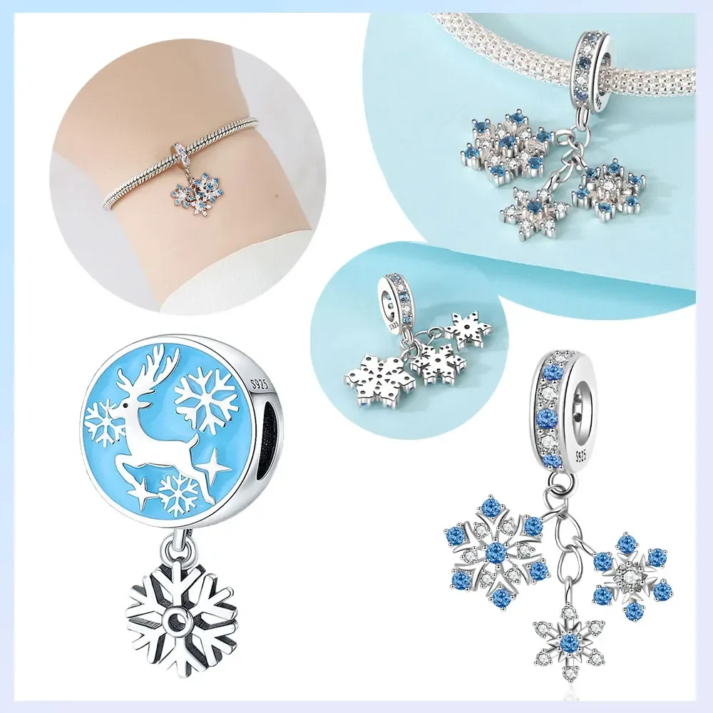 925er Silber vergoldet, Original-Charms, Weihnachten, Nussknacker, Schneeflocke, rund, Schneehirsch, Perlen, passend für Armbänder, Damenschmuck, Geschenk