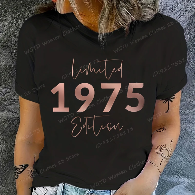 Limited Edition 1975 Vintage 70th Birthday Letter Print T-Shirts, Women's Casual Short Sleeve Crew Neck Top for Summer & Spring