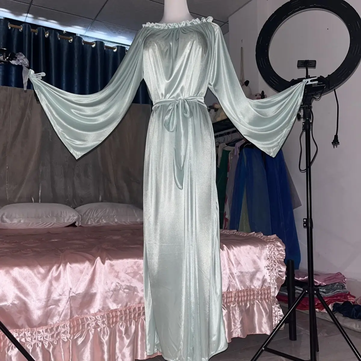 Glossy Women's Satin Long Dress Loose Soft Pajamas Maxi Dress Pullover Elegant Dresses Sleeping Wear - view 2