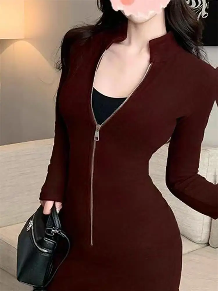 Lange Sleeve Zipper Bodycon Kleid Frauen Rollkragen Sexy Mini Kleider Herbst Schwarz Dünne Stretchy Party Vestidos – Detail 8