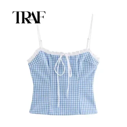 TRAF Women Fashion Summer New Plaid Bow Ruffled Fine Sling Top Blouse Street Clothing Vest Tank Chic Ladies Crop Tops Mujer