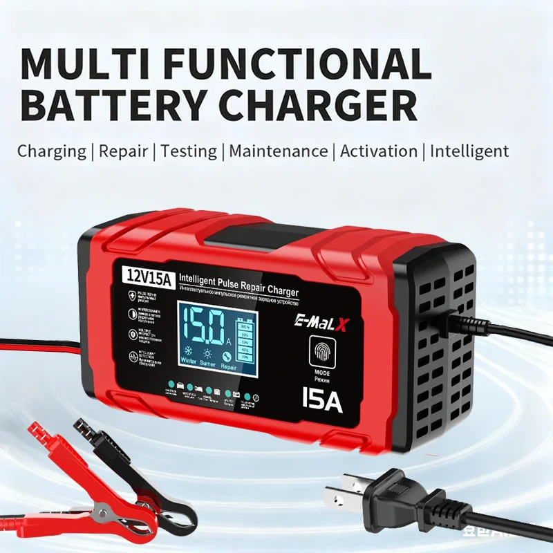 

12V 15A Car Motorcycle Battery Charging Intelligent Pluse Repair Charger For Auto Moto SUV Lithium AGM Lead Acid GEL LCD Display
