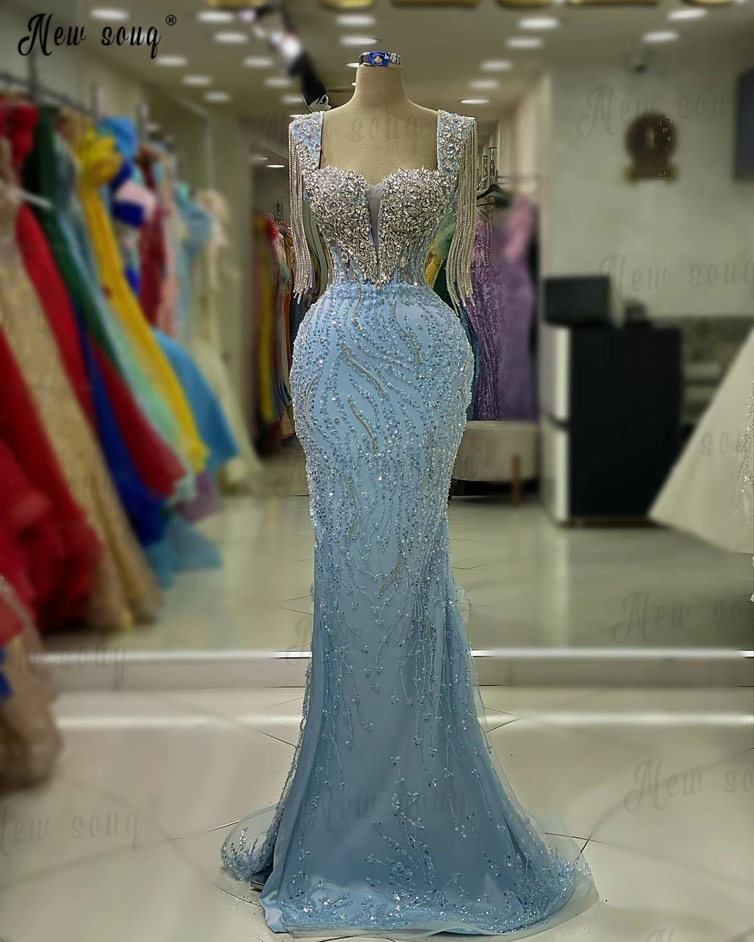 Robe de Soirée Longue Bleu Clair avec Traîne Amovible, Manches, Glands, Dubaï, Grande Taille, Perles