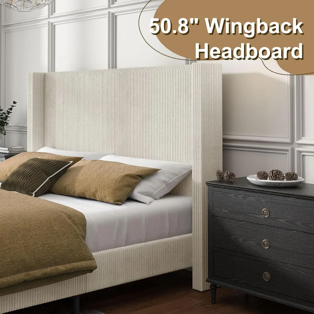 HOWE Queen size gestoffeerd platformbedframe, wingback bed met 50,8" hoofdeinde, corduroy/massief houten poot/geen boxspring nodig/