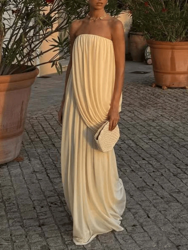 Sexy Strapless Pleated Maxi Dress Women Sleeveless Backless Ruched Loose Long Dresses 2026 Summer Vacation Beach Party Vestidos