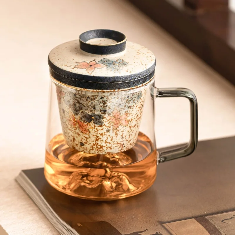 

Glass Blue and White Flint Red Glass Teacup Tea-water Separation Office Cup Retro High-end