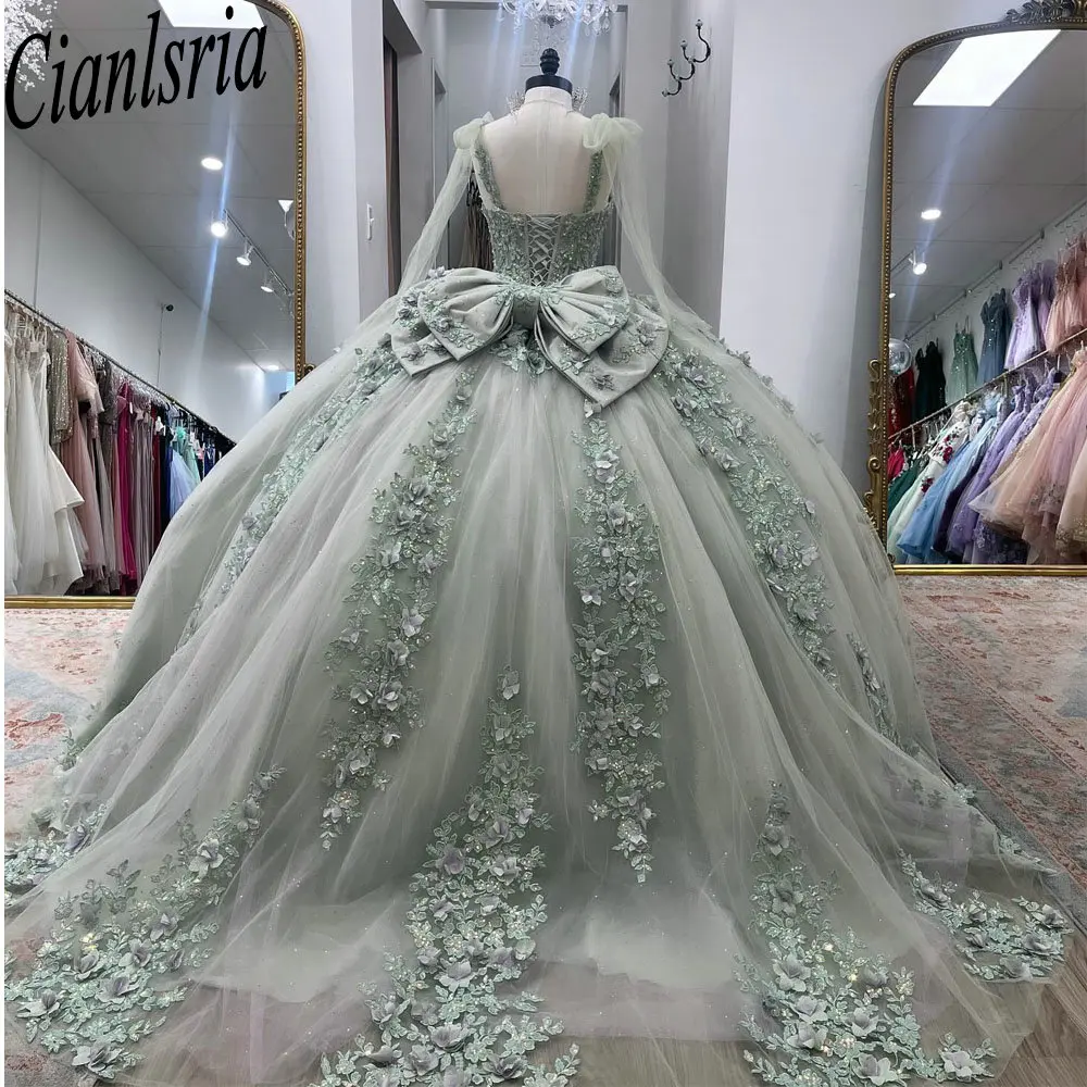Verde menta correa De espagueti rebordear arco Vestido De baile vestidos De quinceañera flores 3D apliques De encaje dulce 16 Vestido De 15 Anos