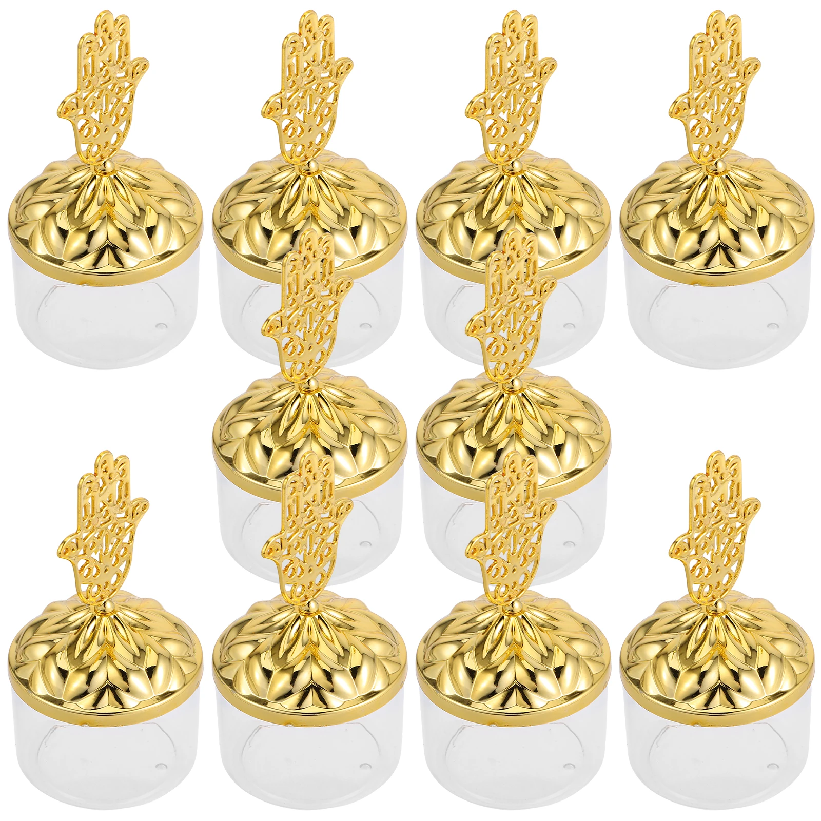 

10pcs Golden Hand Transparent Candy Box Clear Plastic Storage Jar for Parties Gifts Ramadan Events Cookie Container