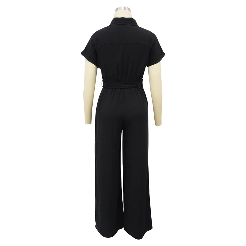 Women Solid Casual Linen Jumpsuit Elegant Pockets Turn Down Collar Short Sleeve Single Breasted Sash Wide Leg Pants Overalls