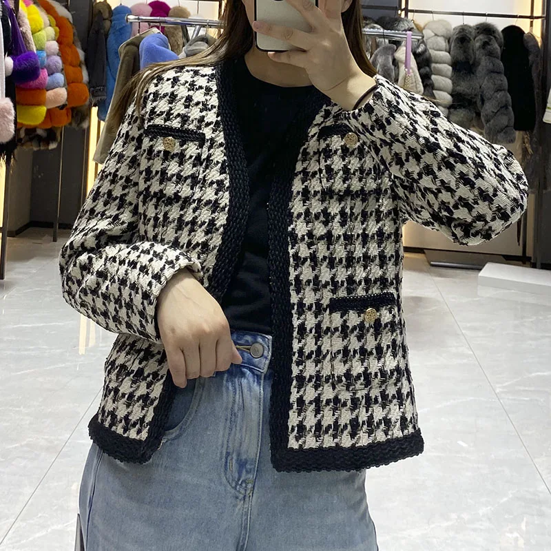 JANEFUR 2024 Women Vintage Short Tweed Jakcet Korean Fashion Stripe V-neck Knitted Cardigans Coat Elegant Outwear