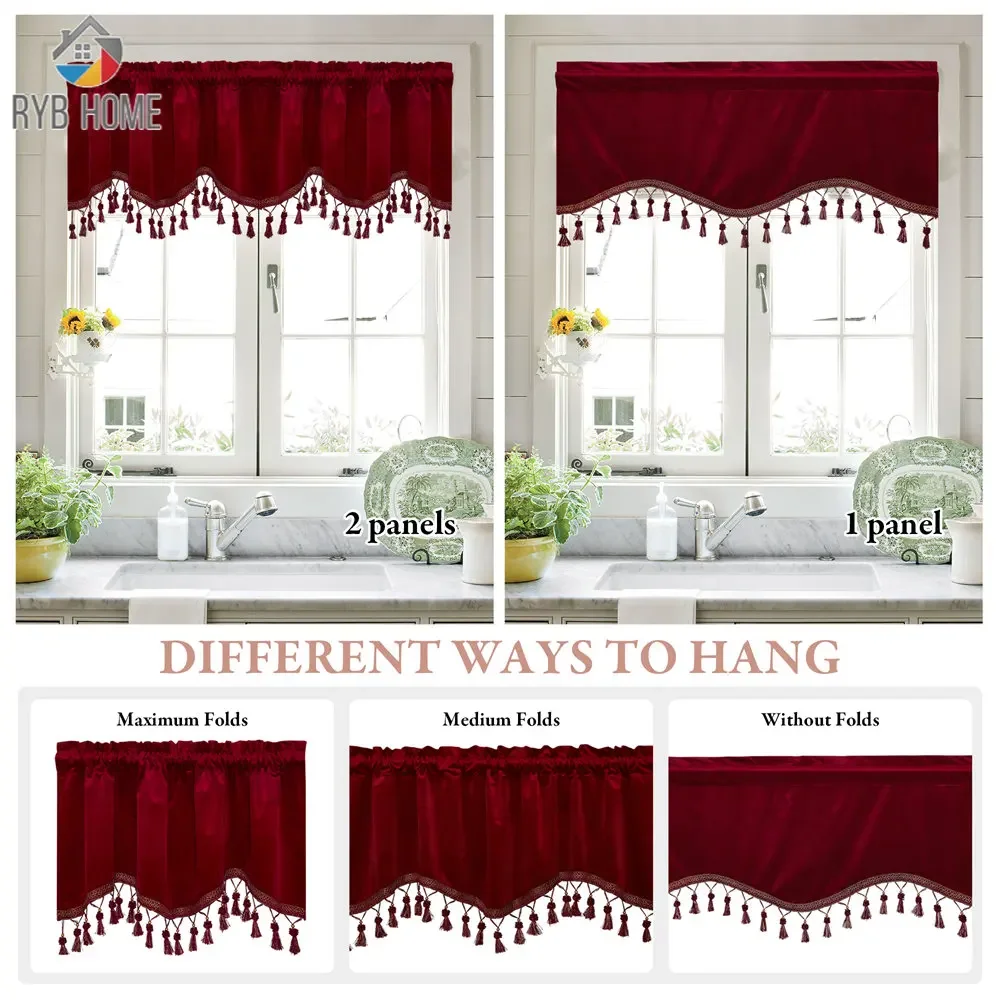 1Pc Luxury Velvet Valance Scalloped Half Window Curtain Tier Wave Drape for Home Decoration Bay Window Kitchen Room Decor