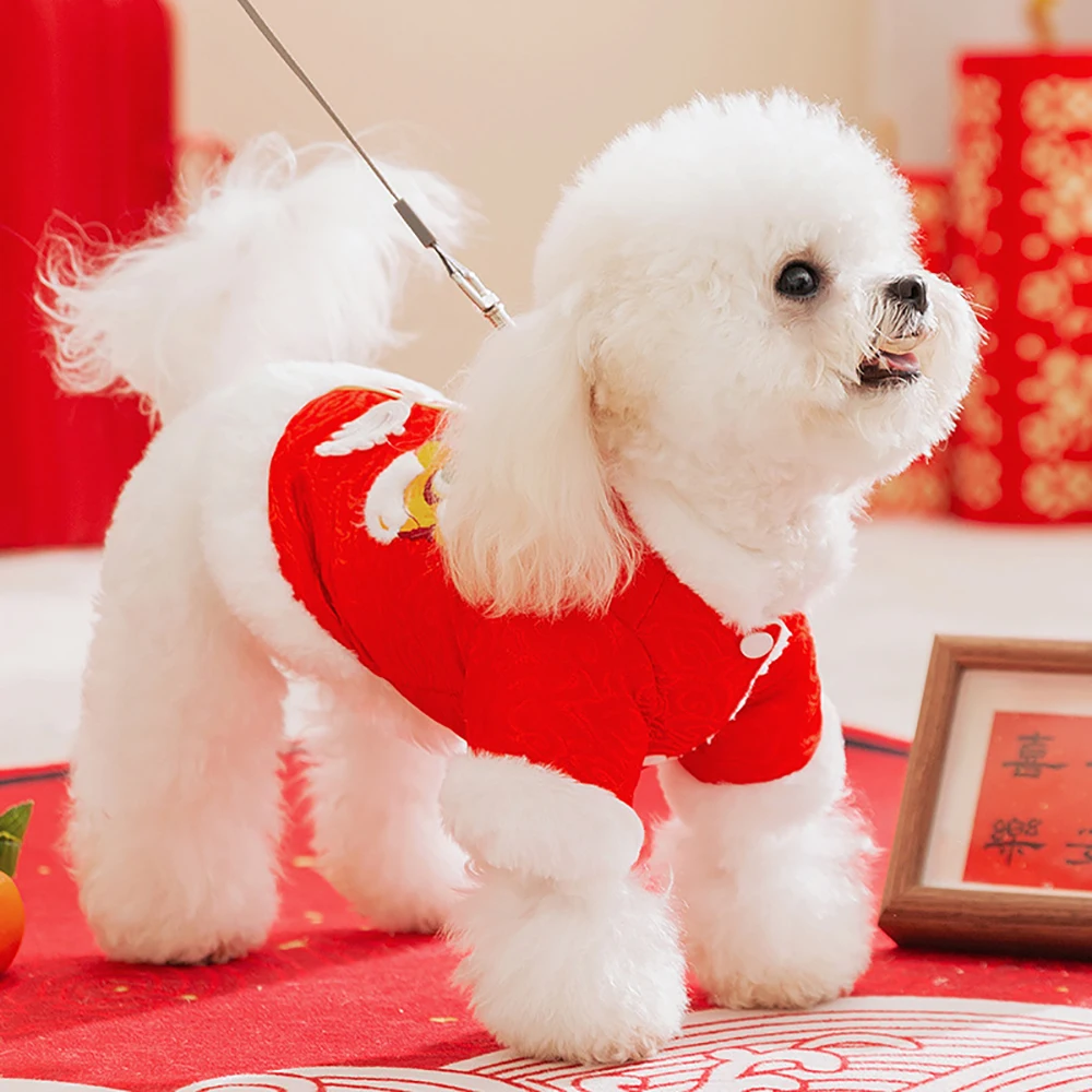 2025 Chinese Spring Festival Celebration Autumn Winter Dog New Year Awakening Lion Lucky Cotton Coat Small Dog Cat Red Clothes