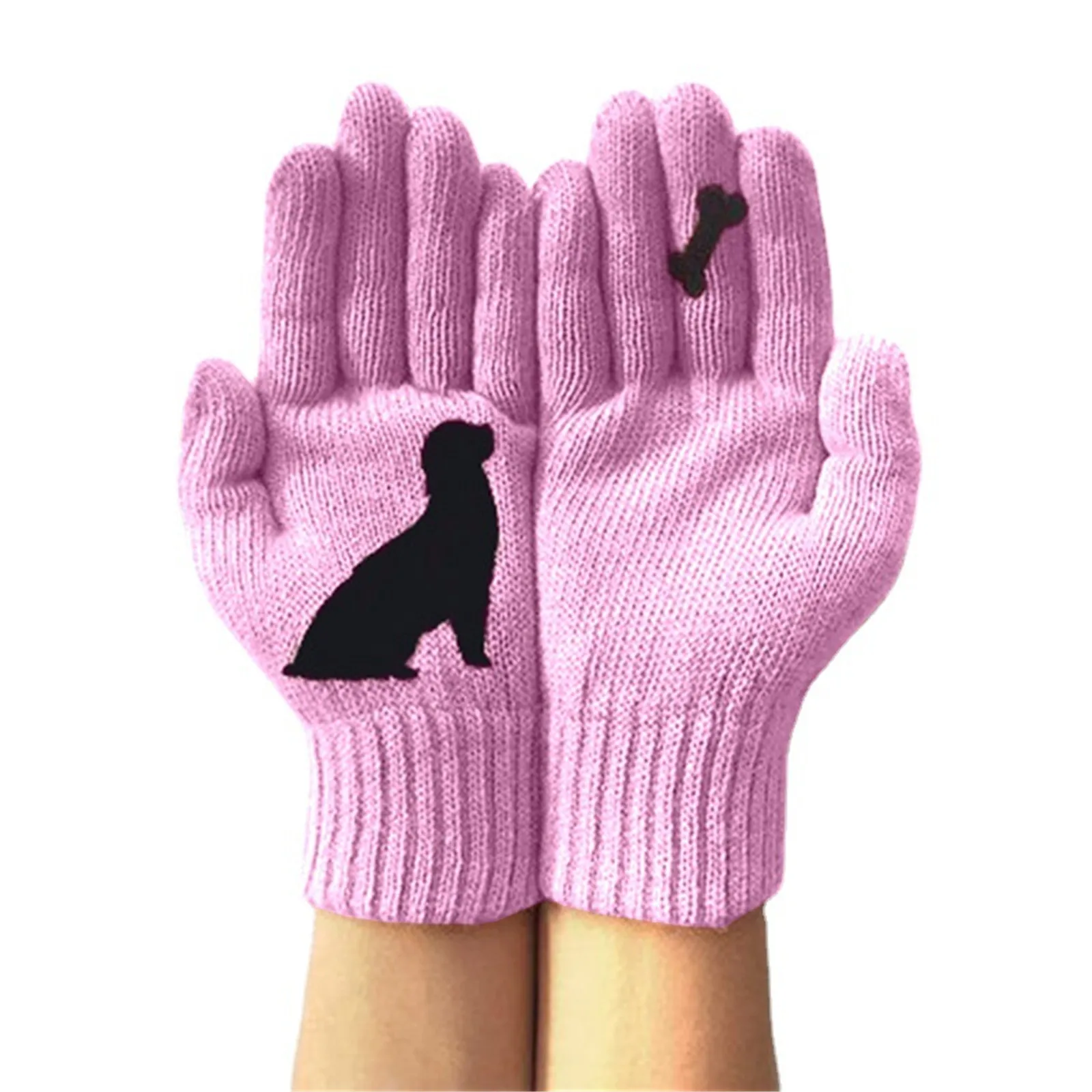 

1 Pair Women Mittens Cute Dog Printed Gloves Wool Women's Gloves Thickened Woolen Gloves Winter Puppy Bone Finger Gloves