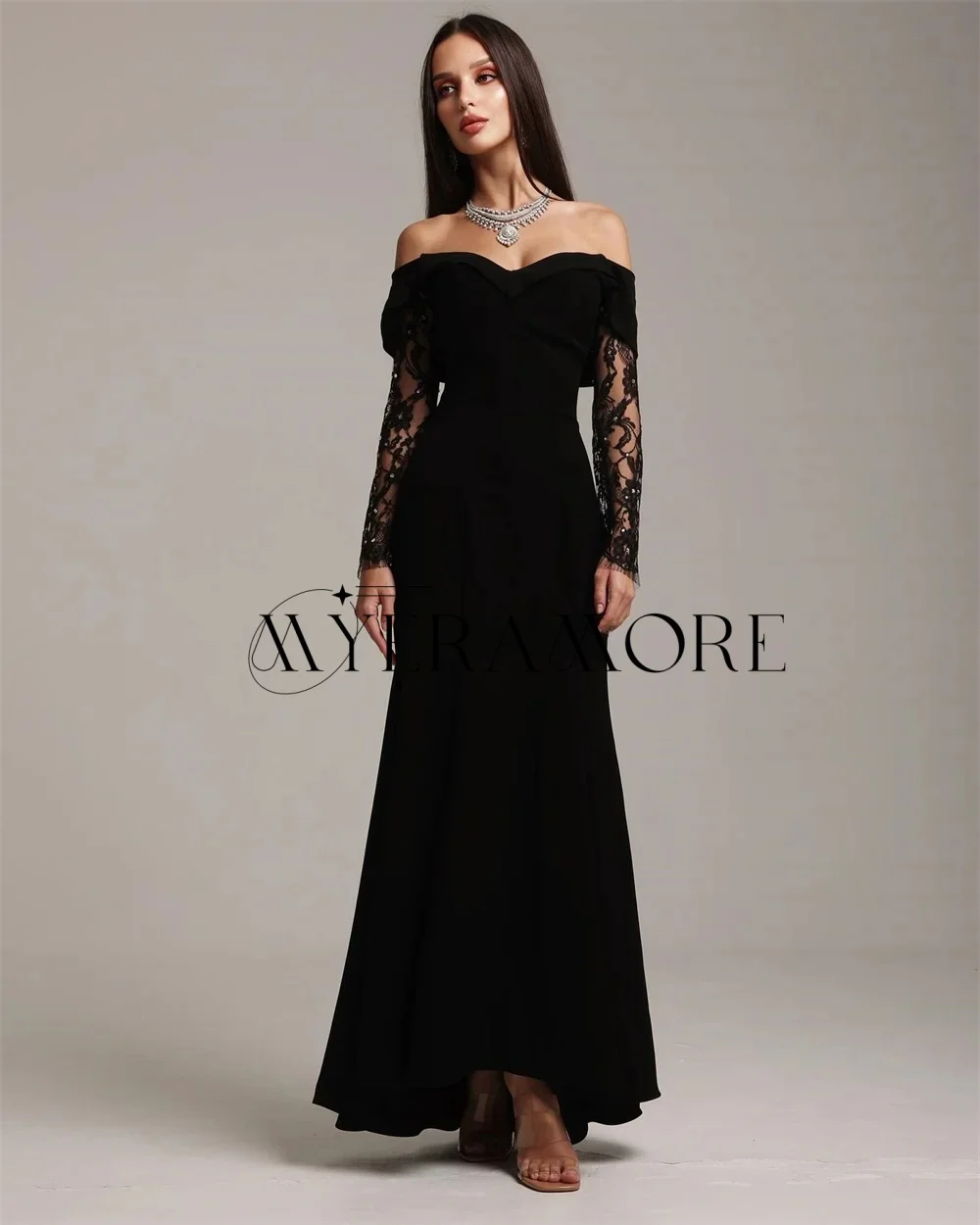 

Black Off the shoulder Evening Dresses Lace Long Sleeves Beaded Mermaid Prom Dresses Customized robes de soirée