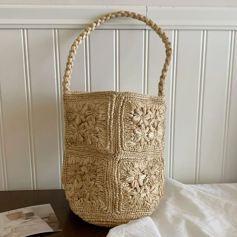 

Pure Handmade Rafia Flower Bucket Woven Bag, Women's Beach Vacation Shoulder Bag, 100% Natural Material Bag