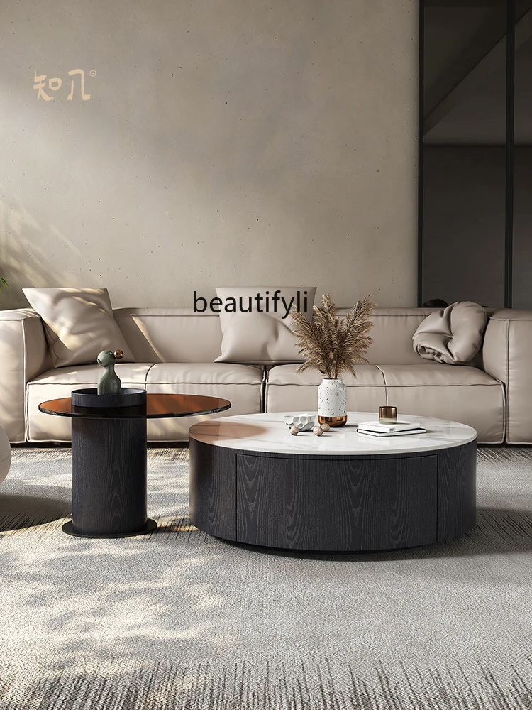 Italian Minimalist Living Room Home Creative Wood Grain round Stone Plate Coffee Table Glass Side Table Combination