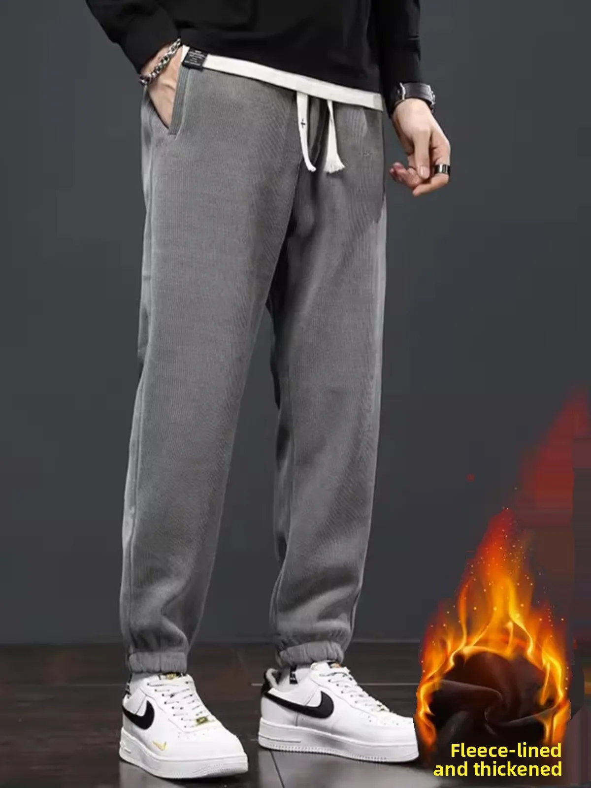 

Men's Fce Lined Pants Autumn Winter Thiened Heavy Du Sports Sweatpants Casual Loose Fit Straight Leg Long Trousers