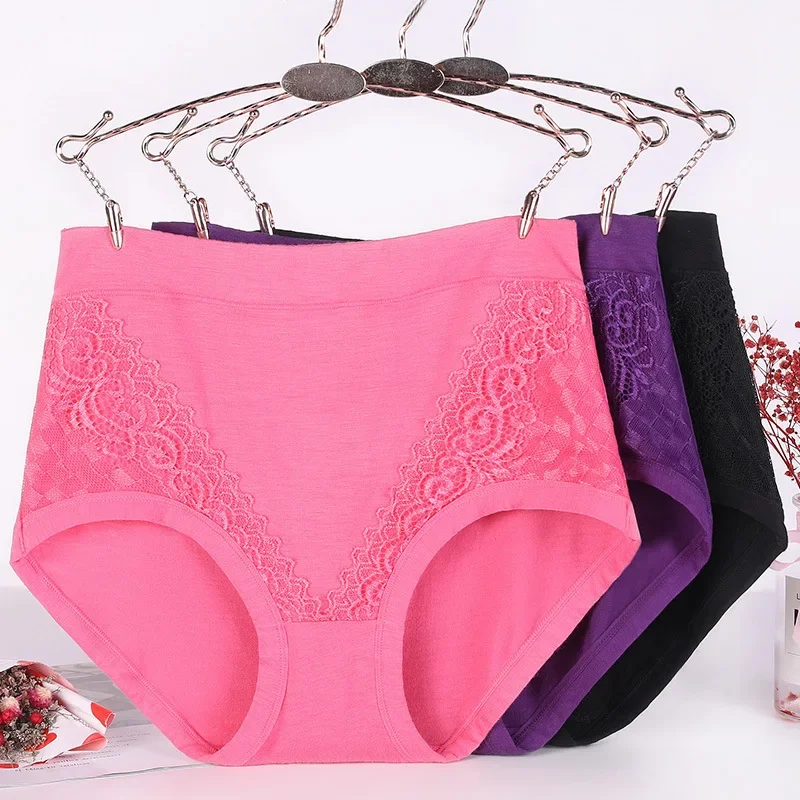 

3 pcs/pack 2024 Women High Waist Panties Female Briefs Modal Lace Plus Size Underpants Mother Middle Aged Oversize Underwear