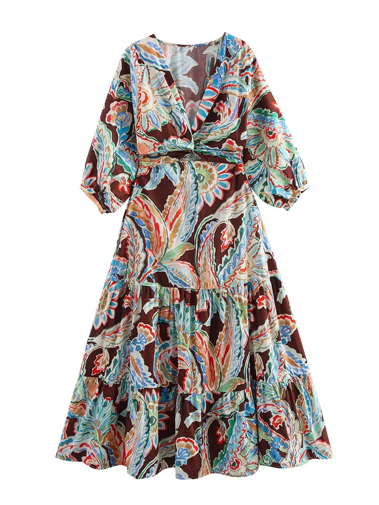 TRAF Fashion Ladies Floral Print Dress Elegante V-neck Lantern Half Sleeve Long Dress Casual Loose Hollow Out Sexy Midi Dresses