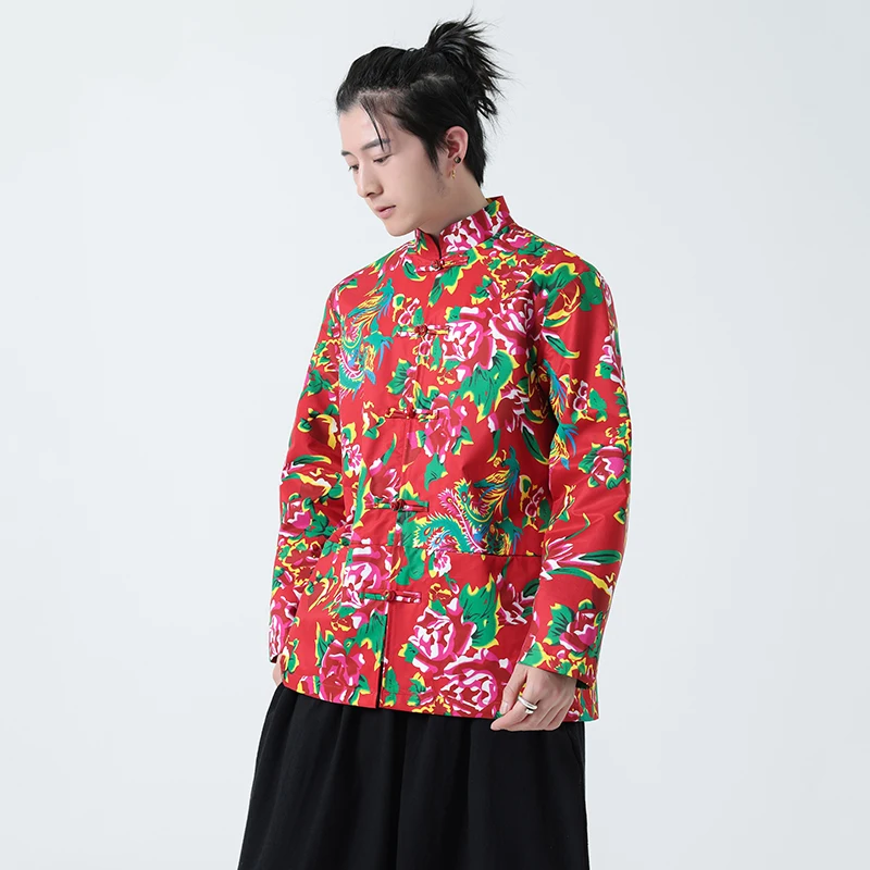 Men Northeast Big Flower Jacket Men Chinese Style Long Sleeve Shirt Men Trend Streetwear Casual Coats Men Floral Pattern Clothes