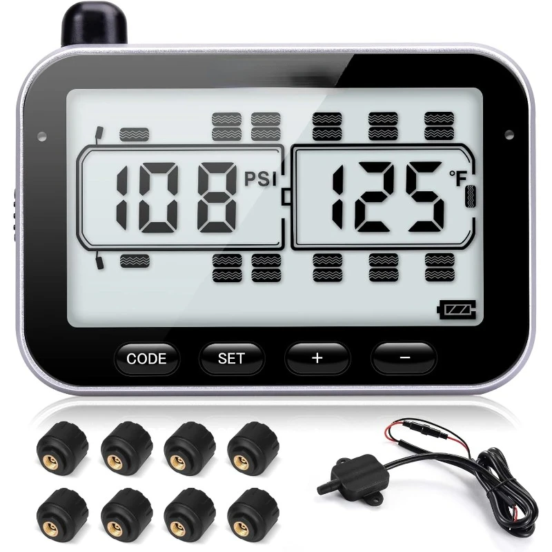 

Pressure Monitoring System, RV TPMS, 8 Sensors, 7 Alarm Modes, 14 Days Battery Life, 80ft Sensing Distance, Large Screen