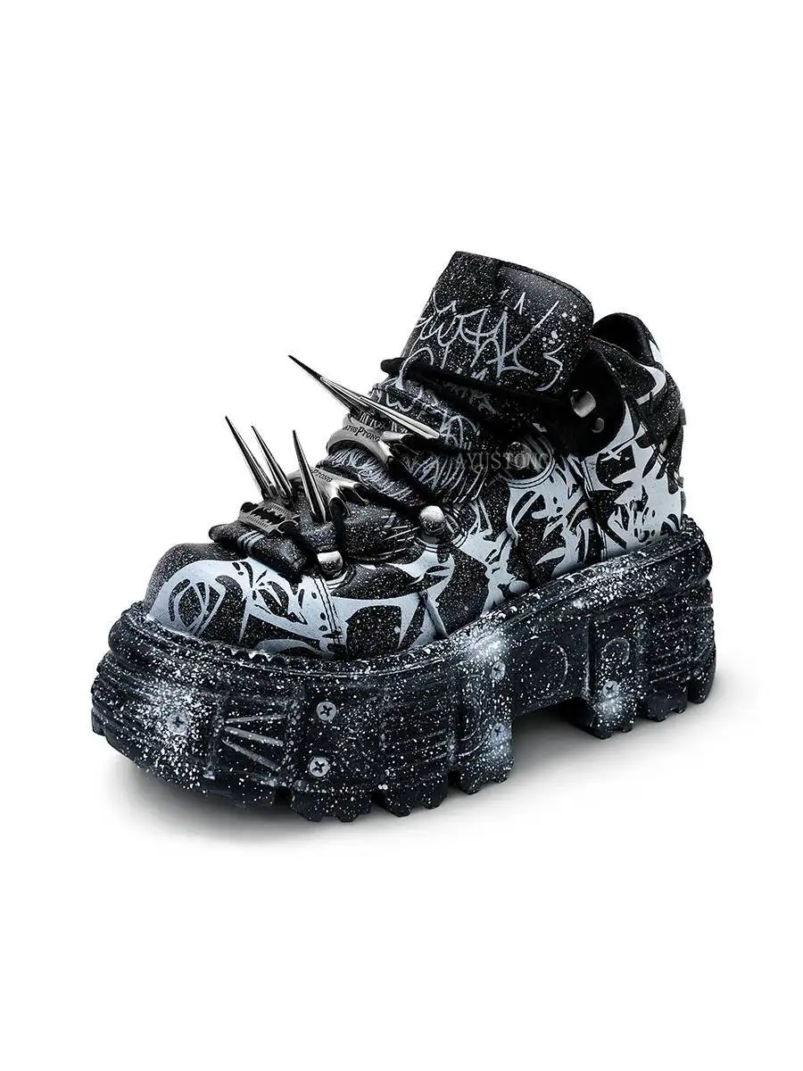 Punk Rock Metal Rivet  New Fashion Platform Round Head Sports Leisure Platform Shoes Mixed Color Printing Single Shoe view 6