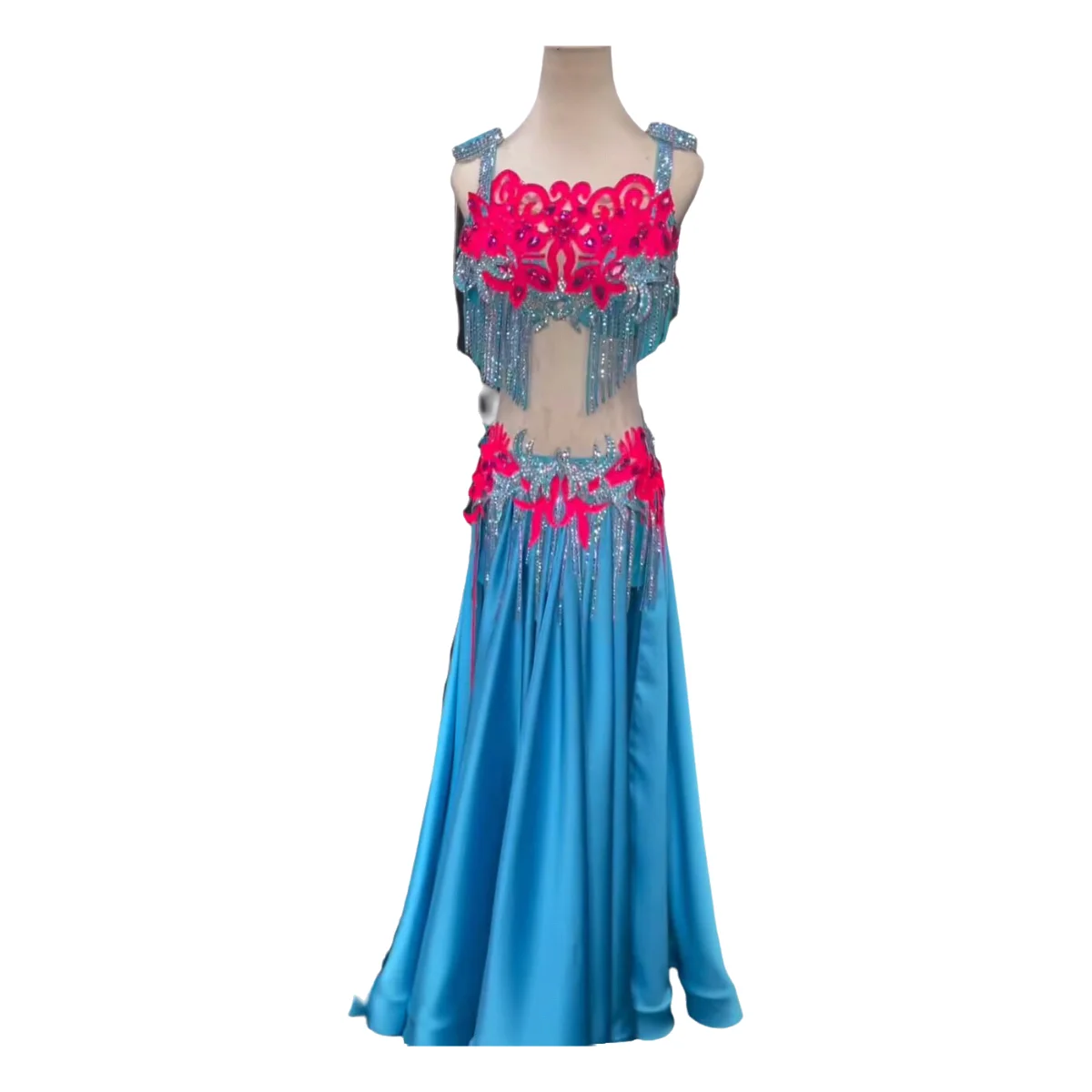 Belly Dance Adult And Children's Dress AB Diamond High-End Customized Sky Blue Contrasting Fringe Professional Dance Costume