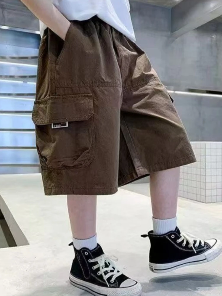 Boys Cotton Stone Washed Cargo Shorts Summer Lightweight Mid-Length Casual Sports for Kids