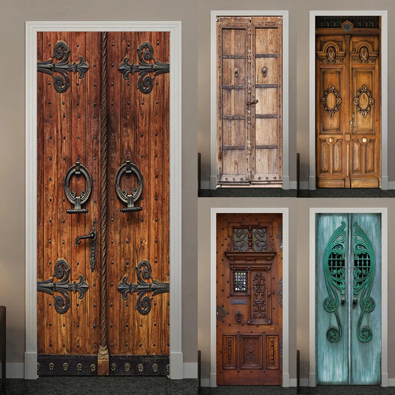 Door Sticker Modern Wallpaper Vintage Wooden Door Adornment Restoring  PVC Self-adhesive For Bedroom bathroom Decor Mural Poster