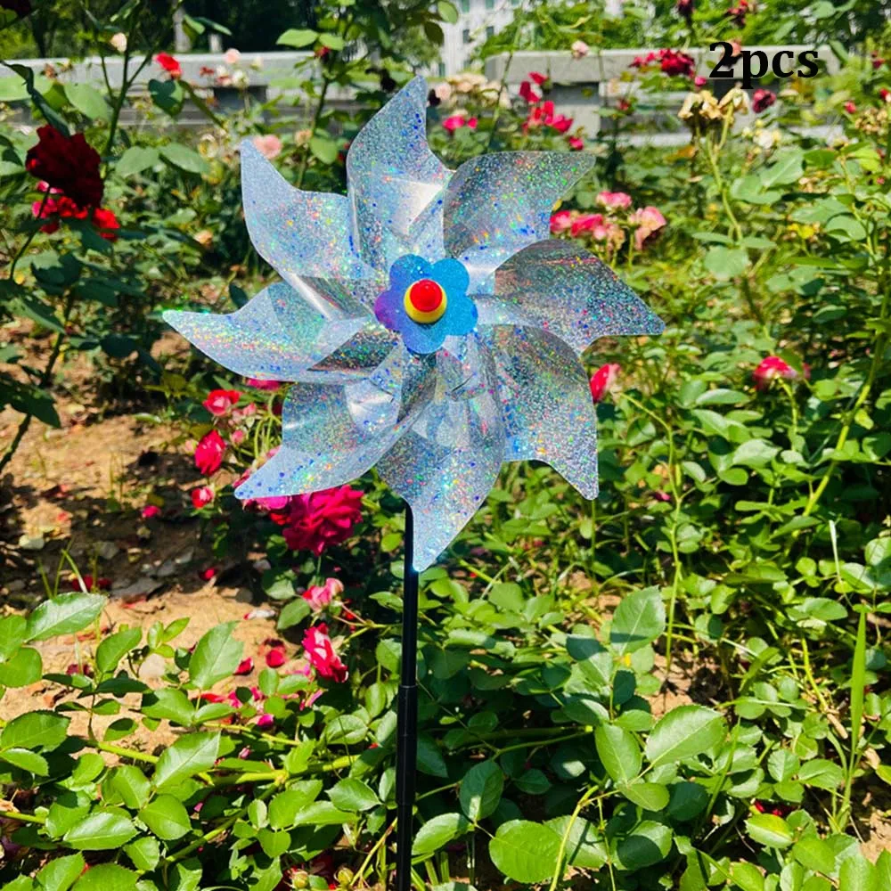 2pcs Reflective Sequin Bird Repeller Hand-held Windmill Multicolors Double Section Pole Bird Repellent Anti Birds Windmill 24cm