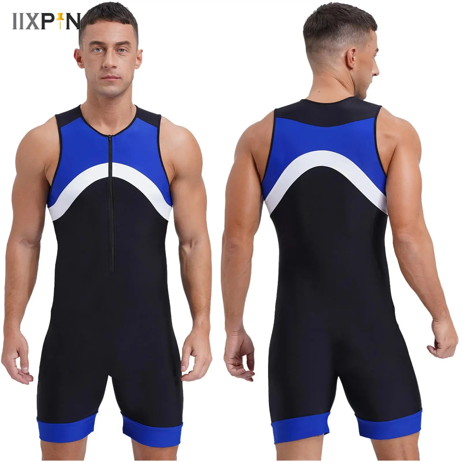

Mens One Piece Swimming Surfing Jumpsuit Sleeveless Zipper Racer Back Shorts Bodysuit Swimwear Bathing Suit Athletic Wetsuit