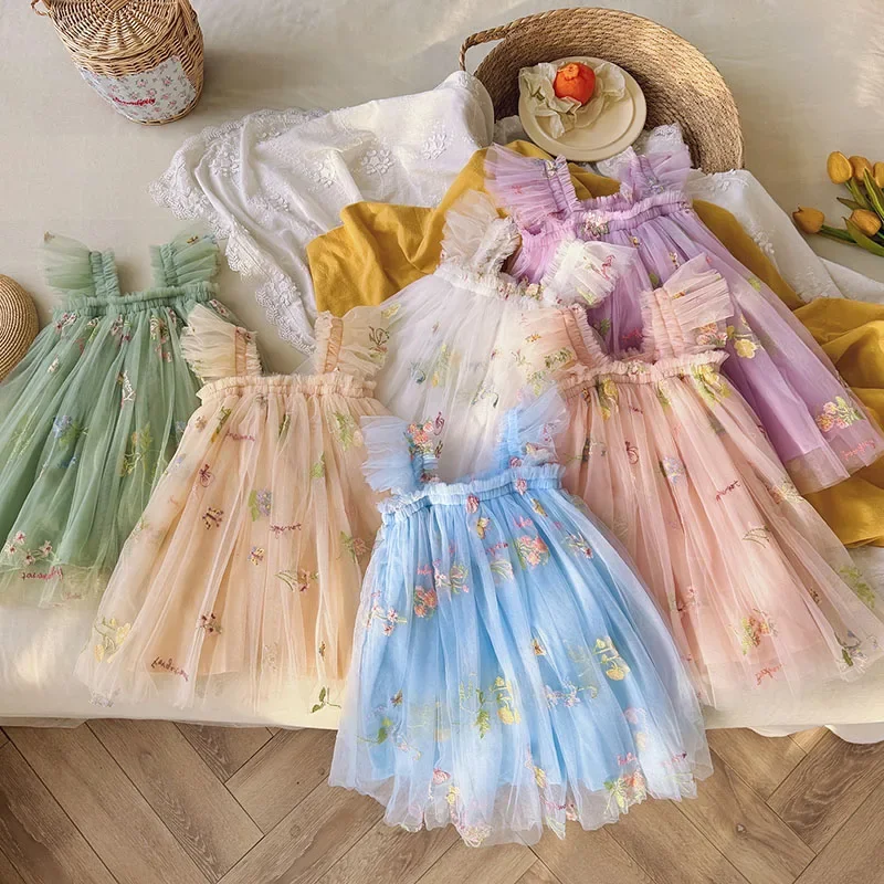 2025 New Summer Kids Princess Dresses Baby Girl Birthday Party Wedding Dress Sleeveless Cotton Mesh Splicing Sister Clothing